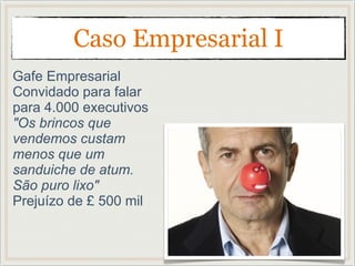 Gafe Empresarial
Convidado para falar
para 4.000 executivos
"Os brincos que
vendemos custam
menos que um
sanduiche de atum.
São puro lixo"
Prejuízo de £ 500 mil
Caso Empresarial I
 