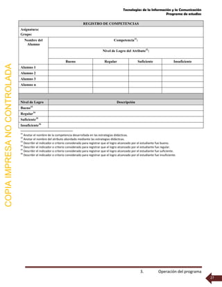 Tecnologías de la Información y la Comunicación
Programa de estudios
3. Operación del programa
27
REGISTRO DE COMPETENCIAS
Asignatura:
Grupo:
Nombre del
Alumno
Competencia31
:
Nivel de Logro del Atributo32
:
Bueno Regular Suficiente Insuficiente
Alumno 1
Alumno 2
Alumno 3
Alumno n
Nivel de Logro Descripción
Bueno33
Regular34
Suficiente35
Insuficiente36
31
Anotar el nombre de la competencia desarrollada en las estrategias didácticas.
32
Anotar el nombre del atributo abordado mediante las estrategias didácticas.
33
Describir el indicador o criterio considerado para registrar que el logro alcanzado por el estudiante fue bueno.
34
Describir el indicador o criterio considerado para registrar que el logro alcanzado por el estudiante fue regular.
35
Describir el indicador o criterio considerado para registrar que el logro alcanzado por el estudiante fue suficiente.
36
Describir el indicador o criterio considerado para registrar que el logro alcanzado por el estudiante fue insuficiente.
COPIAIMPRESANOCONTROLADA
 