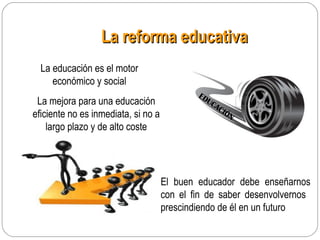 La reforma educativaLa reforma educativa
La educación es el motor
económico y social
La mejora para una educación
eficiente no es inmediata, si no a
largo plazo y de alto coste
El buen educador debe enseñarnos
con el fin de saber desenvolvernos
prescindiendo de él en un futuro
EDUCACIÓN
 