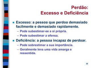11/20/2006 (c) Lawrence M. Hinman 30
Perdão:
Excesso e Deficiência
Excesso: a pessoa que perdoa demasiado
facilmente e demasiado rapidamente.
– Pode subestimar-se a si própria.
– Pode subestimar a ofensa.
Deficiência: a pessoa incapaz de perdoar.
– Pode sobrestimar a sua importância.
– Geralmente leva uma vida amarga e
ressentida.
 