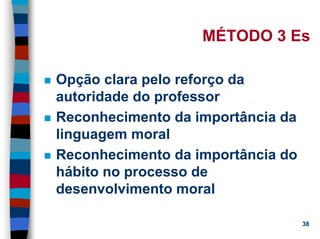 11/20/2006 (c) Lawrence M. Hinman 38
MÉTODO 3 Es
Opção clara pelo reforço da
autoridade do professor
Reconhecimento da importância da
linguagem moral
Reconhecimento da importância do
hábito no processo de
desenvolvimento moral
 