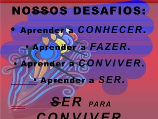 NOSSOS DESAFIOS:
• Aprender a CONHECER.
• Aprender a FAZER.
• Aprender a CON V I V ER.
• Aprender a SER.
SER PARA
 