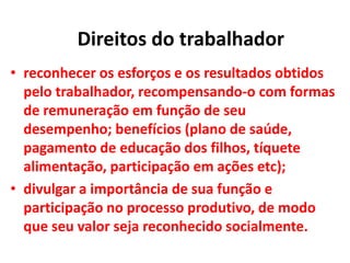 • reconhecer os esforços e os resultados obtidos
pelo trabalhador, recompensando-o com formas
de remuneração em função de seu
desempenho; benefícios (plano de saúde,
pagamento de educação dos filhos, tíquete
alimentação, participação em ações etc);
• divulgar a importância de sua função e
participação no processo produtivo, de modo
que seu valor seja reconhecido socialmente.
Direitos do trabalhador
 