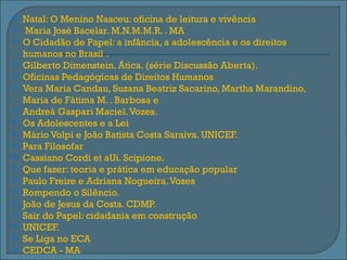    Natal: O Menino Nasceu: oficina de leitura e vivência
    Maria José Bacelar. M.N.M.M.R. . MA
   O Cidadão de Papel: a infância, a adolescência e os direitos
    humanos no Brasil .
   Gilberto Dimenstein. Ática. (série Discussão Aberta).
   Oficinas Pedagógicas de Direitos Humanos
   Vera Maria Candau, Suzana Beatriz Sacarino, Martha Marandino,
    Maria de Fátima M. . Barbosa e
   Andreá Gaspari Maciel. Vozes.
   Os Adolescentes e a Lei
   Mário Volpi e João Batista Costa Saraiva. UNICEF.
   Para Filosofar
   Cassiano Cordi et aUi. Scipione.
   Que fazer: teoria e prática em educação popular
   Paulo Freire e Adriana Nogueira. Vozes
   Rompendo o Silêncio.
   João de Jesus da Costa. CDMP.
   Sair do Papel: cidadania em construção
   UNICEF.
   Se Liga no ECA
   CEDCA - MA
 