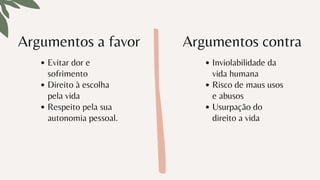 Argumentos a favor
Evitar dor e
sofrimento
Direito à escolha
pela vida
Respeito pela sua
autonomia pessoal.
Argumentos contra
Inviolabilidade da
vida humana
Risco de maus usos
e abusos
Usurpação do
direito a vida
 