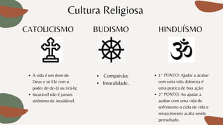 Cultura Religiosa
CATOLICISMO
A vida é um dom de
Deus e só Ele tem o
poder de de-lá ou tirá-la;
Incurável não é jamais
sinônimo de incuidável.
Compaixão;
Imoralidade.
BUDISMO HINDUÍSMO
1° PONTO: Ajudar a acabar
com uma vida dolorosa é
uma pratica de boa ação;
2° PONTO: Ao ajudar a
acabar com uma vida de
sofrimento o ciclo de vida e
renascimento acaba sendo
perturbado.
 