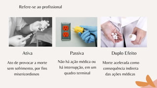 Morte acelerada como
consequência indireta
das ações médicas
Ativa Passiva Duplo Efeito
Refere-se ao profissional
Ato de provocar a morte
sem sofrimento, por fins
misericordiosos
Não há ação médica ou
há interrupção, em um
quadro terminal
 
