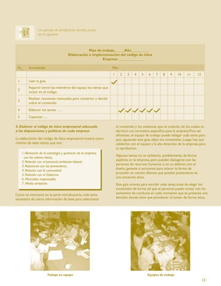 Un ejemplo de planiﬁcación sencilla, puede
                 ser el siguiente:



                                                   Plan de trabajo    Año
                                       Elaboración e implementación del código de ética
                                                           Empresa

 N._      Actividades                                             Mes
                                                                  1      2    3    4    5    6    7    8    9    10     11     12
 1        Leer la guía.
          Repartir entre los miembros del equipo los temas que
 2
          incluir en el código.
          Realizar reuniones mensuales para conversar y decidir
 3
          sobre el contenido.
 4        Elaborar los temas …..
 5        Capacitar…..

3. Elaborar el código de ética empresarial adecuado                   el contenido y los subtemas que se tratarán, de los cuales se
a las disposiciones y políticas de cada empresa                       derivará una normativa especíﬁca para la empresa.Para ser
                                                                      eﬁcientes, el equipo de trabajo puede delegar cada tema para
La elaboración del código de ética empresarial tratará como           que, siguiendo esta guía, elijan los contenidos. Luego, hay que
mínimo de siete temas, que son:                                       validarlos con el equipo y la alta dirección de la empresa para
                                                                      su aprobación.
     1. Alineación de la estrategia y quehacer de la empresa
                                                                      Algunos temas no se señalarán, posiblemente, de forma
      con los valores éticos,
                                                                      explícita en la empresa, pero pueden dialogarse con las
     2. Relación con el personal: ambiente laboral.
                                                                      personas de recursos humanos o, en su defecto, con el
     3. Relaciones con los proveedores.
                                                                      dueño, gerente o accionista para aclarar la forma de
     4. Relación con la comunidad.
                                                                      proceder en ciertos dilemas que pueden presentarse en
     5. Relación con el Gobierno.
                                                                      una actuación ética.
     6. Mercadeo responsable.
     7. Medio ambiente.                                               Esta guía orienta para escribir cada tema; trate de elegir los
                                                                      contenidos de forma tal que el personal pueda contar con lin-
Como se mencionó en la parte introductoria, cada tema                 eamientos de conducta en cada momento que se presente una
necesitará de cierta información de base para seleccionar             decisión donde tiene que prevalecer el actuar de forma ética.




                          Trabajo en equipo                                                 Equipos de trabajo
                                                                                                                                    15
 