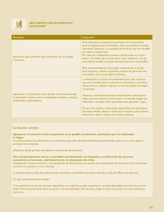 ¿Qué signiﬁca cada postulado ético
              seleccionado?



Postulado                                                        Explicación
                                                                 En la empresa, es importante participar en las actividades
                                                                 que se organizan para el beneﬁcio de la comunidad en donde
                                                                 operamos. Devolver a la sociedad parte de lo que nos ha dado
                                                                 es nuestro compromiso.
                                                                 Por esto, los trabajadores estamos involucrados en el pro-
Buscamos oportunidades para contribuir con el trabajo
                                                                 grama “Un techo para un hermano”, que realizamos con las
voluntario.
                                                                 autoridades locales y el grupo de empresas de la comunidad.

                                                                 Nos comprometemos a participar activamente en el plan
                                                                 de la empresa y damos respuestas cuando las personas más
                                                                 necesitadas de la comunidad nos llaman.
                                                                 La educación es la base del crecimiento, por esto creemos
                                                                 que una prioridad para la empresa es contribuir a que niños,
                                                                 niñas, jóvenes y adultos mayores no escolarizados se integren
                                                                 a la escuela.
Apoyamos a la educación tanto escolar como extraescolar,         Hacemos contribuciones, tanto empresariales como perso-
la educación continua de los empleados, familiares y vecinos     nales, para que todos los niños vayan a la escuela, tengan sus
potenciales colaboradores.                                       materiales y también estén saludables para aprender mejor.

                                                                 Es parte de nuestro compromiso aprovechar las capacitacio-
                                                                 nes desarrolladas, dentro o fuera de la empresa, para nuestro
                                                                 desarrollo y para la mejora de nuestra empresa.



La decisión correcta

Apoyamos el comercio local, comprando, en lo posible, localmente, suscitando que los empleados
lo hagan.
La empresa tiene una solicitud de los comedores que están ubicados alrededor, de permitirles operar cerca de la puerta
principal de la empresa.

¿Podemos darles permiso de operar en las afueras de la oﬁcina?

Nos comprometemos con la comunidad contribuyendo con donación y movilización de recursos
económicos y humanos, particularmente en situaciones de crisis.
Después de un fuerte invierno y una temporada de lluvia fuerte, se conocen las inundaciones de una parte de la comunidad
cercana a la empresa, a cinco minutos.

La empresa tiene la lista de ayuda que han solicitado comunidades que están ubicadas a más de 100 km de distancia.

¿A cuál comunidad puedo ayudar?

Si es posible (el monto de recursos disponibles y la urgencia,) puede repartirse la cantidad disponible entre las dos comuni-
dades. Pero el compromiso ético es ayudar a las comunidades más cercanas, luego se daría lo previsto a la comunidad que
está cerca.




                                                                                                                                  39
 