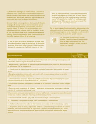 La planiﬁcación estratégica es inútil cuando la Dirección de
la empresa no la utiliza como un modo de incrementar el               ético, es importante aclarar, a todos los miembros de la
nivel de conciencia estratégica. Todo sistema de planiﬁcación         empresa, este equilibrio entre lo que se desea alcanzar
estratégica, por sencillo que sea, es útil, pues cumple con la        y cómo se debe hace., Las posiciones ante postulados
misión de proporcionar un apoyo metodológico.                         como: “el ﬁn justiﬁca los medios” , “a batalla anunciada
                                                                      batalla ganada” deben quedar completamente clariﬁca-
Considerando lo anterior, podemos decir que la planiﬁcación           das para los que toman las decisiones.
estratégica de la empresa es un instrumento en el que se
plasman las metas prioritarias y convenientes, y como se
lograrán; además, se asegura una decisión sobre la base            Por lo tanto, una planiﬁcación estratégica debe considerar los
analítica del mercado. Desde el punto de vista ético, el uso       valores éticos como fundamento para deﬁnir la actuación y
de este instrumento tiene varias consideraciones y deberá          evitar impactos negativos en los resultados no solo económi-
sujetarse al cumplimiento de los temas transversales deriva-       cos, sino sociales y de reputación para la empresa.
dos de los valores éticos de la empresa.
                                                                                      Los principales postulados que podrán
                                                                                      ayudarle a deﬁnir su CEE son los siguientes.
  Si bien es cierto, la actuación empresarial se puede basar                          Trate de seleccionar aquellos que más
  en un estudio de los rivales de la empresa, las decisiones                          impactan a la empresa o los que son perti-
  emanadas del proceso deben considerar las actuaciones                               nentes a su realidad.
  éticas en la puesta en marcha. Desde el punto de vista



                                                                                                                 Impacto
 Mercadeo responsable
                                                                                                          Alto    Medio     Bajo
 1. Proveeremos la información técnica y comercial relacionada con nuestros productos para que el
 consumidor tome las mejores decisiones de compra.
 2. Respetaremos y aplicaremos las leyes nacionales relacionadas con la protección del consumidor y
 las relacionadas con la competencia.
 3. Cumpliremos las disposiciones que regulan la propiedad intelectual y velaremos por su obser-
 vancia.
 4. Cumpliremos las disposiciones sobre promoción de la competencia y prácticas comerciales
 restrictivas en los mercados nacionales.
 5. Desarrollaremos soluciones alternas de conﬂicto para resolver disputas entre empresa y con-
 sumidor, sustentadas en la Ley de Protección del Consumidor.
 6. Actuaremos con lealtad, transparencia y buena fe en las relaciones comerciales con los competi-
 dores.
 7. Concertaremos mecanismos de vigilancia y seguimiento para garantizar la transparencia de los
 procesos de contratación pública y privada.
 8. Lucharemos con nuestros competidores en forma leal, honesta y transparente, buscando nuestra
 ventaja solo mediante productos mejores y rendimientos superiores.
 9. Prohibiremos toda actividad que pueda ser considerada ilegal o anticompetitiva.
 10. Cumpliremos y apoyaremos las leyes sobre la competencia y antimonopolio.

 11. Facilitamos honestamente todas las informaciones comerciales en forma oportuna y exacta.
 12. Respetamos todas las leyes y reglamentos relativos a la importación y exportación de nuestros
 productos, tales como restricciones de importación y exportación, requerimientos para la con-
 cesión de licencias, normativas de aduanas, leyes contra el boicot y otras disposiciones legales
 similares.




                                                                                                                                   47
 
