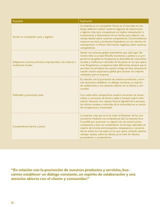 Postulado                                                     Explicación
                                                               La empresa es un competidor fuerte en el mercado; sin em-
                                                               bargo, debemos realizar nuestros negocios de manera justa
                                                               y legítima. Una dura competencia no implica manipulación ni
                                                               ocultamiento o falseamiento de los hechos para adquirir una
 Somos un competidor justo y legítimo.
                                                               ventaja desleal sobre nuestros competidores. Comercializamos
                                                               nuestros servicios y productos basándonos en sus méritos, sin
                                                               menospreciar ni ofrecer información engañosa sobre nuestros
                                                               competidores.
                                                               Siendo una empresa global, entendemos que cada lugar del
                                                               mundo tiene su propia ﬁlosofía económica y política y su pro-
                                                               pia forma de gobierno. Aceptamos la diversidad de costumbres
 Adaptamos nuestras prácticas empresariales a las culturas y   sociales y tradiciones culturales de los países en los que opera-
 tradiciones locales.                                          mos. Respetamos y aceptamos tales diferencias siempre que lo
                                                               permitan los principios de nuestro código de ética empresarial,
                                                               usando nuestra experiencia global para alcanzar los mejores
                                                               resultados para la empresa.
                                                               En relación con la promoción de nuestros productos y servi-
                                                               cios, buscamos establecer un diálogo constante, un espíritu
                                                               de colaboración y una atención abierta con el cliente y con-
                                                               sumidor.

 Publicidad y promoción justa.                                 Con todos ellos, compartimos nuestra convicción de comer-
                                                               cializar y comunicar, de forma creíble y honesta toda la infor-
                                                               mación relevante con respeto hacia la dignidad de la persona,
                                                               los valores sociales y culturales de la comunidad, en un marco
                                                               de transparencia y honestidad.


                                                               La empresa cree que se sirve mejor al bienestar de los con-
                                                               sumidores mediante una competencia leal. La empresa hace
                                                               lo posible por promover su negocio de una manera activa,
                                                               competente y ética, en cumplimiento de las leyes aplicables en
 Competidores fuertes y justos.
                                                               materia de la lucha antimonopolios, competencia y comercio
                                                               leal en todos los mercados en los que opera, evitando obtener
                                                               ventajas injustas sobre los demás, ya se trate de clientes,
                                                               proveedores o competidores.




“En relación con la promoción de nuestros productos y servicios, bus-
camos establecer un diálogo constante, un espíritu de colaboración y una
atención abierta con el cliente y consumidor.”




50
 