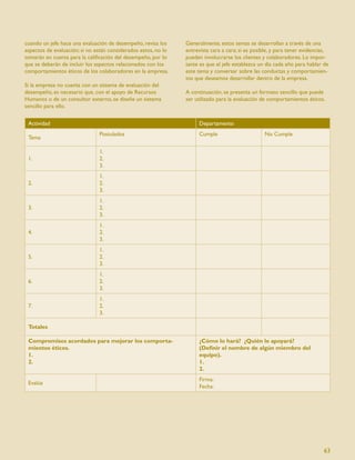 cuando un jefe hace una evaluación de desempeño, revisa los     Generalmente, estos temas se desarrollan a través de una
aspectos de evaluación; si no están considerados estos, no lo   entrevista cara a cara; si es posible, y para tener evidencias,
tomarán en cuenta para la caliﬁcación del desempeño, por lo     pueden involucrarse los clientes y colaboradores. Lo impor-
que se deberán de incluir los aspectos relacionados con los     tante es que el jefe establezca un día cada año para hablar de
comportamientos éticos de los colaboradores en la empresa.      este tema y conversar sobre las conductas y comportamien-
                                                                tos que deseamos desarrollar dentro de la empresa.
Si la empresa no cuenta con un sistema de evaluación del
desempeño, es necesario que, con el apoyo de Recursos           A continuación, se presenta un formato sencillo que puede
Humanos o de un consultor externo, se diseñe un sistema         ser utilizado para la evaluación de comportamientos éticos.
sencillo para ello.

 Actividad                                                           Departamento
                               Postulados                            Cumple                       No Cumple
 Tema

                               1.
 1.                            2.
                               3.
                               1.
 2.                            2.
                               3.
                               1.
 3.                            2.
                               3.
                               1.
 4.                            2.
                               3.
                               1.
 5.                            2.
                               3.
                               1.
 6.                            2.
                               3.
                               1.
 7.                            2.
                               3.

 Totales

 Compromisos acordados para mejorar los comporta-                    ¿Cómo lo hará? ¿Quién le apoyará?
 mientos éticos.                                                     (Deﬁnir el nombre de algún miembro del
 1.                                                                  equipo).
 2.                                                                  1.
                                                                     2.
                                                                     Firma:
 Evalúa
                                                                     Fecha:




                                                                                                                            63
 