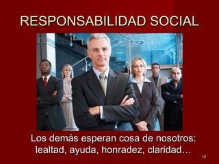 RESPONSABILIDAD SOCIALRESPONSABILIDAD SOCIAL
Los demás esperan cosa de nosotros:Los demás esperan cosa de nosotros:
lealtad, ayuda, honradez, claridad…lealtad, ayuda, honradez, claridad…
1010
 