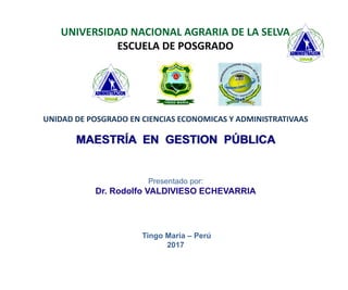 UNIVERSIDAD NACIONAL AGRARIA DE LA SELVA
ESCUELA DE POSGRADO
UNIDAD DE POSGRADO EN CIENCIAS ECONOMICAS Y ADMINISTRATIVAAS
MAESTRÍA EN GESTION PÚBLICA
Presentado por:
Dr. Rodolfo VALDIVIESO ECHEVARRIA
Tingo María – Perú
2017
 