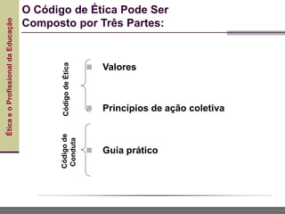 Ética
e
o
Profissional
da
Educação O Código de Ética Pode Ser
Composto por Três Partes:
 Valores
 Princípios de ação coletiva
Código
de
Ética
Código
de
Conduta
 Guia prático
 