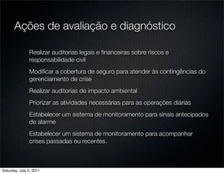 Ações de avaliação e diagnóstico

               Realizar auditorias legais e ﬁnanceiras sobre riscos e
               responsabilidade civil
               Modiﬁcar a cobertura de seguro para atender às contingências do
               gerenciamento de crise
               Realizar auditorias de impacto ambiental
               Priorizar as atividades necessárias para as operações diárias
               Estabelecer um sistema de monitoramento para sinais antecipados
               de alarme
               Estabelecer um sistema de monitoramento para acompanhar
               crises passadas ou recentes.



Saturday, July 2, 2011
 