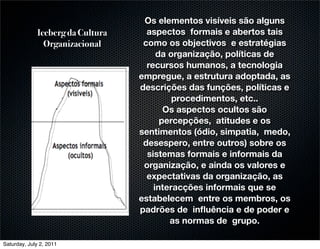 Os elementos visíveis são alguns
              Iceberg da Cultura     aspectos formais e abertos tais
                Organizacional      como os objectivos e estratégias
                                        da organização, políticas de
                                     recursos humanos, a tecnologia
                                   empregue, a estrutura adoptada, as
                                   descrições das funções, políticas e
                                            procedimentos, etc..
                                          Os aspectos ocultos são
                                         percepções, atitudes e os
                                   sentimentos (ódio, simpatia, medo,
                                    desespero, entre outros) sobre os
                                     sistemas formais e informais da
                                    organização, e ainda os valores e
                                     expectativas da organização, as
                                       interacções informais que se
                                   estabelecem entre os membros, os
                                   padrões de inﬂuência e de poder e
                                           as normas de grupo.

Saturday, July 2, 2011
 