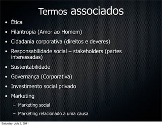 Termos    associados
  • Ética
  • Filantropia (Amor ao Homem)
  • Cidadania corporativa (direitos e deveres)
  • Responsabilidade social – stakeholders (partes
    interessadas)
  • Sustentabilidade
  • Governança (Corporativa)
  • Investimento social privado
  • Marketing
         – Marketing social
         – Marketing relacionado a uma causa

Saturday, July 2, 2011
 