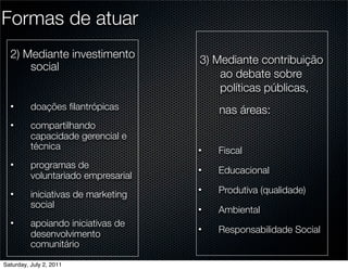 Formas de atuar
  2) Mediante investimento           3) Mediante contribuição
      social
                                         ao debate sobre
                                         políticas públicas,
  •       doações ﬁlantrópicas           nas áreas:
  •       compartilhando
          capacidade gerencial e
          técnica                    •   Fiscal
  •       programas de
                                     •   Educacional
          voluntariado empresarial
  •       iniciativas de marketing   •   Produtiva (qualidade)
          social
                                     •   Ambiental
  •       apoiando iniciativas de
          desenvolvimento            •   Responsabilidade Social
          comunitário

Saturday, July 2, 2011
 