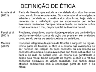 DEFINIÇÃO DE ÉTICA
Arruda et al.
(2001)
Parte da filosofia que estuda a moralidade dos atos humanos
como sendo livres e ordenados. De modo natural, a inteligência
adverte a bondade ou a malícia dos atos livres, haja vista o
remorso ou a satisfação que se experimenta por ações
livremente realizadas. Sempre cabe a dúvida, no entanto, sobre
o que é o bem e o mal, ou por que tal ação é boa ou má.
Ferrel et al.
(2001)
Problema, situação ou oportunidade que exige que um indivíduo
decida entre vários cursos de ação que precisam ser avaliados
como sendo certos ou errados, éticos ou antiéticos.
Moreira
(2002)
Disciplina integrante da ciência da filosofia e conjunto de regras.
Como parte da filosofia, a ética é o estudo das avaliações do
ser humano em relação às suas condutas ou em relação às
condutas dos outros. Essas avaliações são feitas sob a ótica do
bem e do mal, de acordo com um critério que geralmente é
ditado pela moral. Como conjunto de regras, a ética é o rol dos
conceitos aplicáveis às ações humanas, que fazem delas
atitudes compatíveis com a concepção geral do bem e da
moral.
 