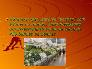 Estima-se que, para se “acabar” com a fome no mundo, seria necessário um investimento anual de cerca de 750 bilhões de dólares 