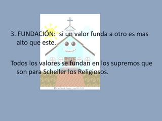 3. FUNDACIÓN: si un valor funda a otro es mas
  alto que este.

Todos los valores se fundan en los supremos que
  son para Scheller los Religiosos.
 