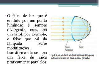 • O feixe de luz que é
emitido por um ponto
luminoso é sempre
divergente, mas, em
um farol, por exemplo,
o feixe que sai da
lâmpada sofre
modificações,
transformando-se em
um feixe de raios
praticamente paralelos
 