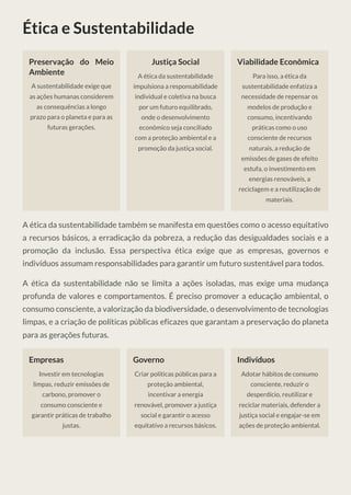 Ética e Sustentabilidade
Preservação do Meio
Ambiente
A sustentabilidade exige que
as ações humanas considerem
as consequências a longo
prazo para o planeta e para as
futuras gerações.
Justiça Social
A ética da sustentabilidade
impulsiona a responsabilidade
individual e coletiva na busca
por um futuro equilibrado,
onde o desenvolvimento
econômico seja conciliado
com a proteção ambiental e a
promoção da justiça social.
Viabilidade Econômica
Para isso, a ética da
sustentabilidade enfatiza a
necessidade de repensar os
modelos de produção e
consumo, incentivando
práticas como o uso
consciente de recursos
naturais, a redução de
emissões de gases de efeito
estufa, o investimento em
energias renováveis, a
reciclagem e a reutilização de
materiais.
A ética da sustentabilidade também se manifesta em questões como o acesso equitativo
a recursos básicos, a erradicação da pobreza, a redução das desigualdades sociais e a
promoção da inclusão. Essa perspectiva ética exige que as empresas, governos e
indivíduos assumam responsabilidades para garantir um futuro sustentável para todos.
A ética da sustentabilidade não se limita a ações isoladas, mas exige uma mudança
profunda de valores e comportamentos. É preciso promover a educação ambiental, o
consumo consciente, a valorização da biodiversidade, o desenvolvimento de tecnologias
limpas, e a criação de políticas públicas eficazes que garantam a preservação do planeta
para as gerações futuras.
Empresas
Investir em tecnologias
limpas, reduzir emissões de
carbono, promover o
consumo consciente e
garantir práticas de trabalho
justas.
Governo
Criar políticas públicas para a
proteção ambiental,
incentivar a energia
renovável, promover a justiça
social e garantir o acesso
equitativo a recursos básicos.
Indivíduos
Adotar hábitos de consumo
consciente, reduzir o
desperdício, reutilizar e
reciclar materiais, defender a
justiça social e engajar-se em
ações de proteção ambiental.
 