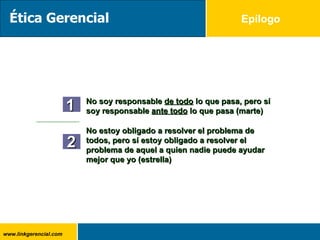 Epílogo 2 No estoy obligado a resolver el problema de todos, pero sí estoy obligado a resolver el problema de aquel a quien nadie puede ayudar mejor que yo (estrella) Ética Gerencial 1 No soy responsable  de todo  lo que pasa, pero sí soy responsable  ante todo  lo que pasa (marte) 