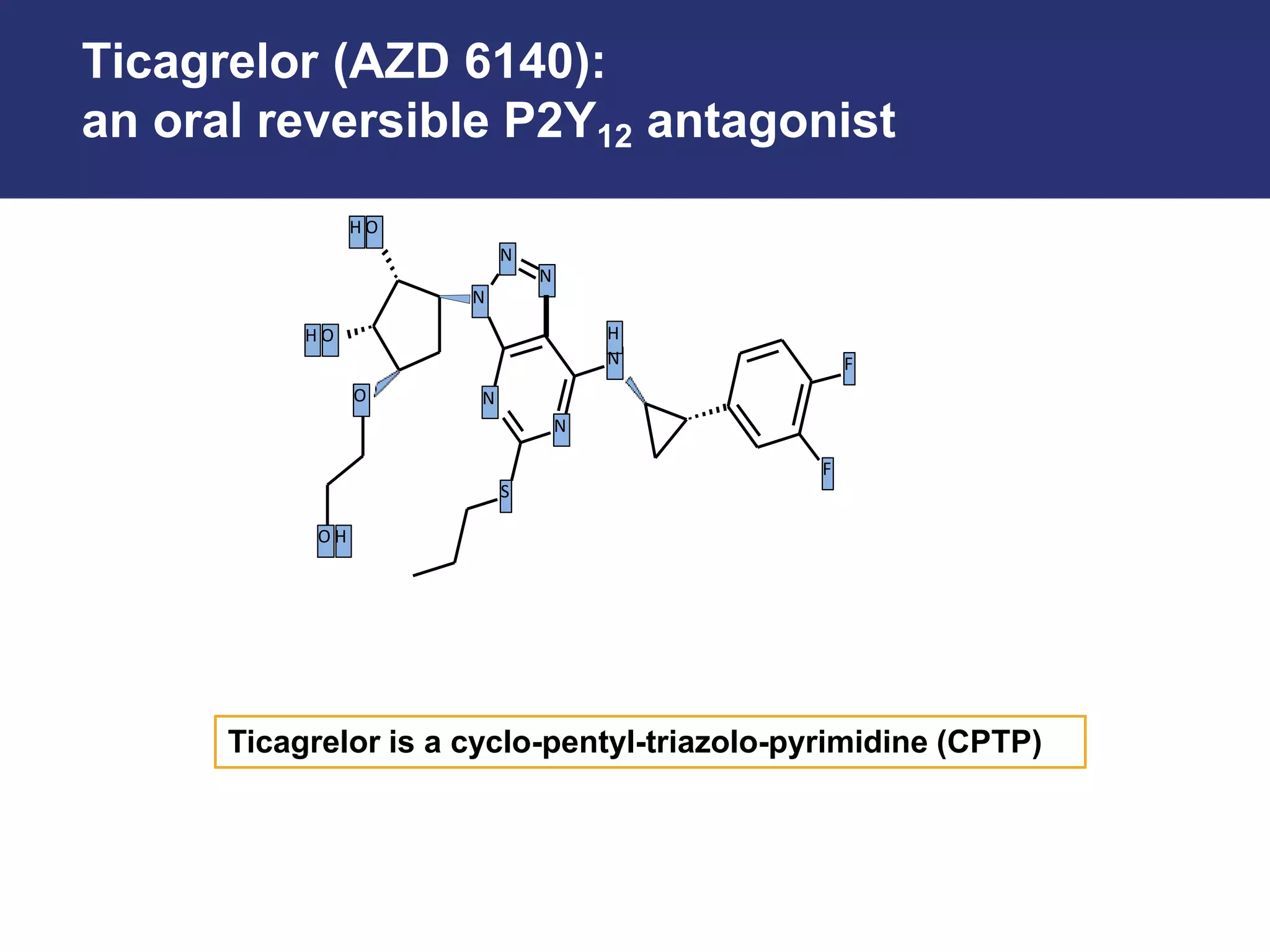 Ticagrelor (AZD 6140):
an oral reversible P2Y12 antagonist
Ticagrelor is a cyclo-pentyl-triazolo-pyrimidine (CPTP)
H O
H O
O
O H
N
F
S
H
N
N
N
N
N
F
 