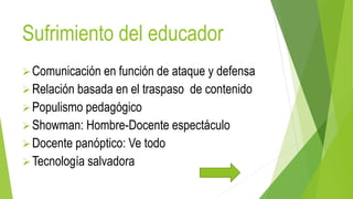 Sufrimiento del educador
Comunicación en función de ataque y defensa
Relación basada en el traspaso de contenido
Populismo pedagógico
Showman: Hombre-Docente espectáculo
Docente panóptico: Ve todo
Tecnología salvadora
 