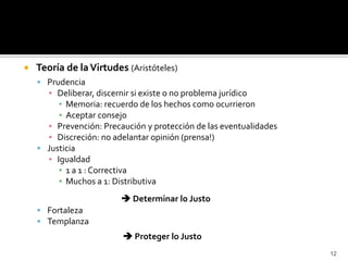    Teoría de la Virtudes (Aristóteles)
     Prudencia
      ▪ Deliberar, discernir si existe o no problema jurídico
    ...