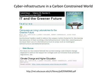 The need to move to clouds powered by wind and sunCampus computing 20-40% electrical energy consumption on most campusesStudies in UK and The NetherlandsCloset clusters represent up to 15% of electrical consumption – UBC studyCampus data center represents 8-20% of electrical consumptionIISD study of Dalhousie, UoAlberta and Ottawa UIISD study demonstrated that moving Canadian research to cloud would pay for itself in energy savings and CO2 reductionClouds could save universities millions of dollars in energy and support costshttp://green-broadband.blogspot.com/2010/12/how-r-networks-can-help-universities.htmlMillions of dollars being wasted on old clusters and HPC facilities that could be spent on critical research