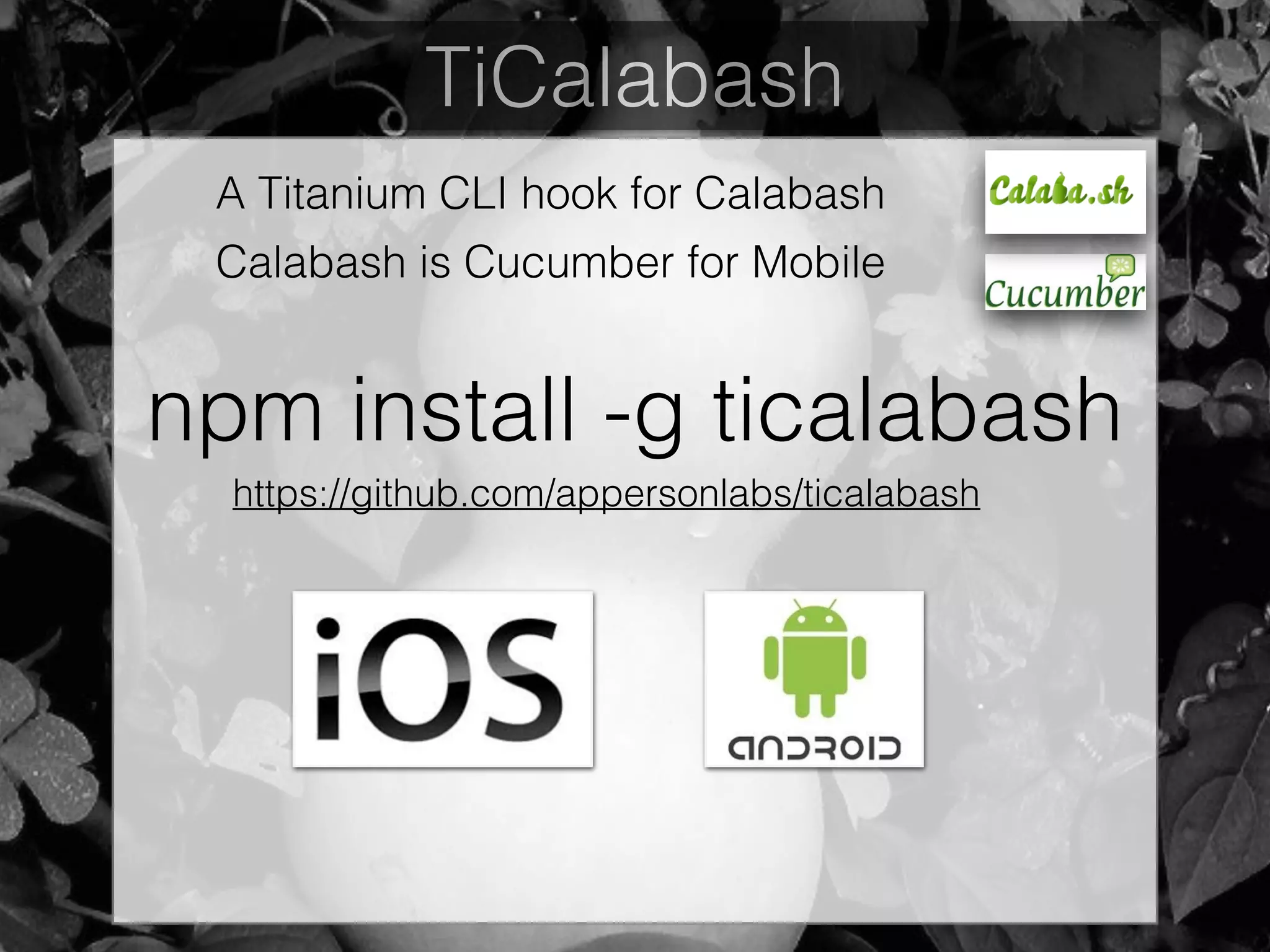 TiCalabash
A Titanium CLI hook for Calabash
Calabash is Cucumber for Mobile
npm install -g ticalabash
https://github.com/appersonlabs/ticalabash
 