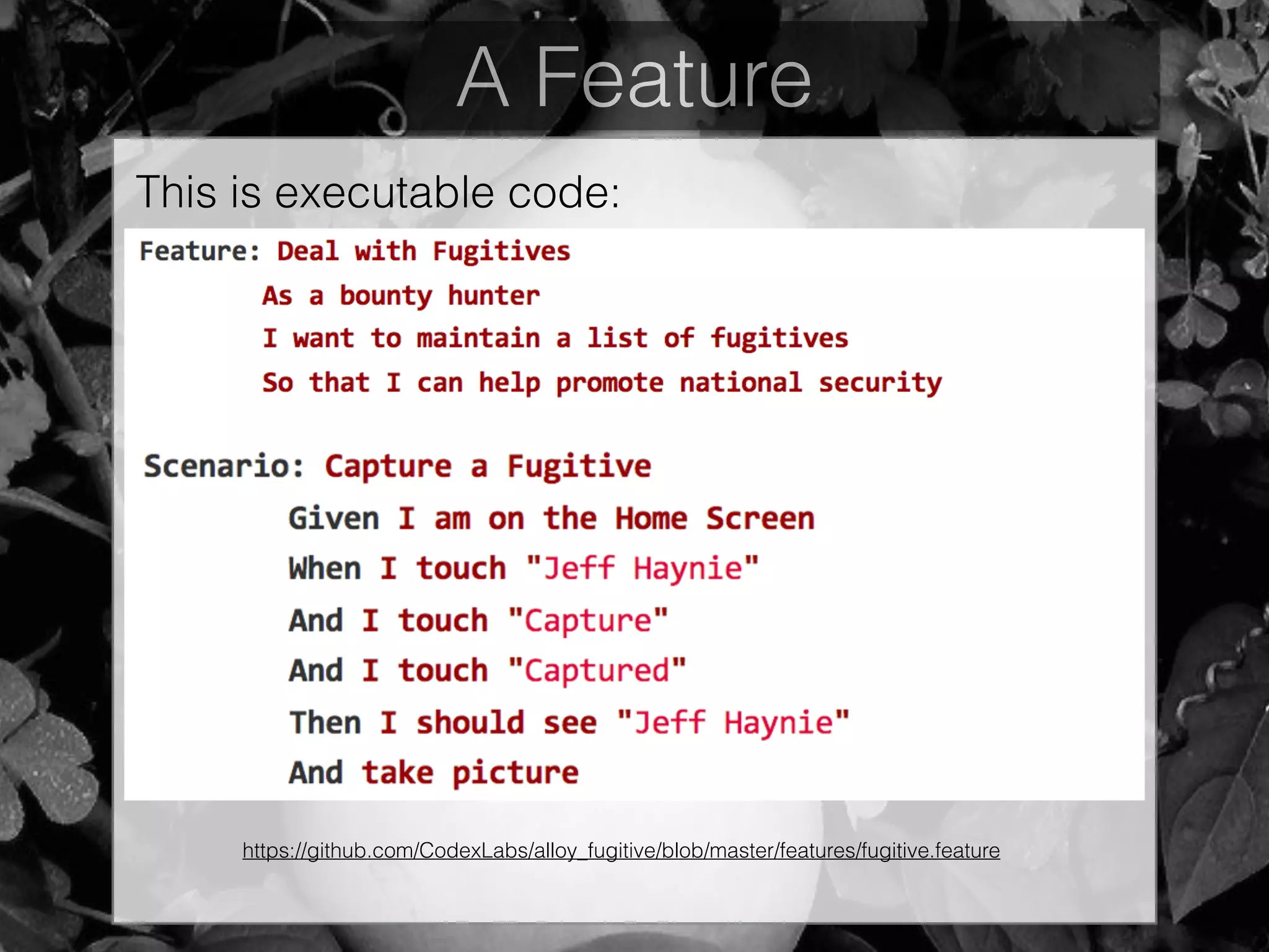 A Feature
This is executable code:
https://github.com/CodexLabs/alloy_fugitive/blob/master/features/fugitive.feature
 