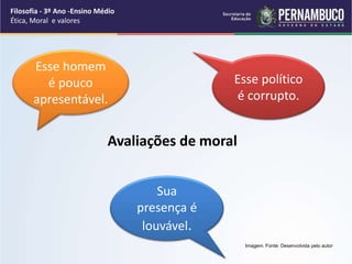 Avaliações de moral
Esse político
é corrupto.
Esse homem
é pouco
apresentável.
Sua
presença é
louvável.
Filosofia - 3º Ano -Ensino Médio
Ética, Moral e valores
Imagem. Fonte: Desenvolvida pelo autor
 