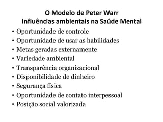O Modelo de Peter Warr
Influências ambientais na Saúde Mental
• Oportunidade de controle
• Oportunidade de usar as habilidades
• Metas geradas externamente
• Variedade ambiental
• Transparência organizacional
• Disponibilidade de dinheiro
• Segurança física
• Oportunidade de contato interpessoal
• Posição social valorizada
 