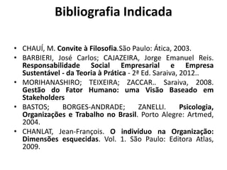 Bibliografia Indicada
• CHAUÍ, M. Convite à Filosofia.São Paulo: Ática, 2003.
• BARBIERI, José Carlos; CAJAZEIRA, Jorge Emanuel Reis.
Responsabilidade Social Empresarial e Empresa
Sustentável - da Teoria à Prática - 2ª Ed. Saraiva, 2012..
• MORIHANASHIRO; TEIXEIRA; ZACCAR.. Saraiva, 2008.
Gestão do Fator Humano: uma Visão Baseado em
Stakeholders
• BASTOS; BORGES-ANDRADE; ZANELLI. Psicologia,
Organizações e Trabalho no Brasil. Porto Alegre: Artmed,
2004.
• CHANLAT, Jean-François. O indivíduo na Organização:
Dimensões esquecidas. Vol. 1. São Paulo: Editora Atlas,
2009.
 