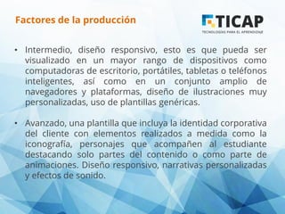 Factores de la producción
• Intermedio, diseño responsivo, esto es que pueda ser
visualizado en un mayor rango de dispositivos como
computadoras de escritorio, portátiles, tabletas o teléfonos
inteligentes, así como en un conjunto amplio de
navegadores y plataformas, diseño de ilustraciones muy
personalizadas, uso de plantillas genéricas.
• Avanzado, una plantilla que incluya la identidad corporativa
del cliente con elementos realizados a medida como la
iconografía, personajes que acompañen al estudiante
destacando solo partes del contenido o como parte de
animaciones. Diseño responsivo, narrativas personalizadas
y efectos de sonido.
 