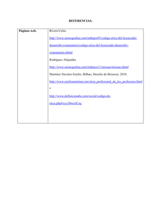 REFERENCIAS.
Páginas web. Rivera Celso.
http://www.monografias.com/trabajos93/codigo-etica-del-licenciado-
desarrollo-comunitario/codigo-etica-del-licenciado-desarrollo-
comunitario.shtml
Rodríguez Alejandra.
http://www.monografias.com/trabajos11/eticaun/eticaun.shtml
Martínez Navarro Emilio. Bilbao, Desclée de Brouwer, 2010.
http://www.emiliomartinez.net/etica_profesional_de_los_profesores.html
*
http://www.definicionabc.com/social/codigo-de-
etica.php#ixzz30rexJCeq
 