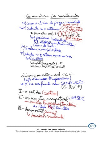 RETA FINAL OAB PRIME – Manhã
Ética Profissional – Arthur Trigueiros – Aula 02/02 - Anotação de aula do monitor João Vinícius
 