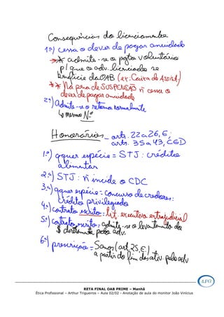 RETA FINAL OAB PRIME – Manhã
Ética Profissional – Arthur Trigueiros – Aula 02/02 - Anotação de aula do monitor João Vinícius
 