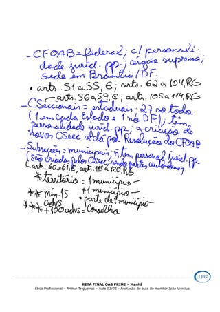 RETA FINAL OAB PRIME – Manhã
Ética Profissional – Arthur Trigueiros – Aula 02/02 - Anotação de aula do monitor João Vinícius
 