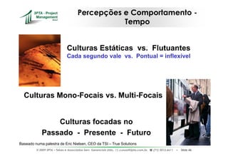 Percepções e Comportamento -
                                                 Tempo


                              Culturas Estáticas vs. Flutuantes
                              Cada segundo vale vs. Pontual = inflexível




  Culturas Mono-Focais vs. Multi-Focais


                Culturas focadas no
            Passado - Presente - Futuro
Baseado numa palestra de Eric Nielsen, CEO da TSI – True Solutions
         © 2009 3PTA – Tekes e Associados Serv. Gerenciais Ltda.,   cursos@3pta.com.br,   (71) 3012.6611   –   Slide 46
 