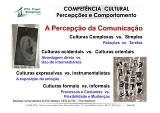 COMPETÊNCIA CULTURAL
                                         Percepções e Comportamento

                             A Percepção da Comunicação
                                                      Culturas Complexas vs. Simples
                                                                                       Relações vs. Tarefas

                          Culturas ocidentais vs. Culturas orientais
                          Abordagem direta vs.
                          Uso de intermediários

  Culturas expressivas vs. instrumentalistas
  A exposição da emoção
                           Culturas formais vs. informais
                                             Processos e Costumes vs.
                                               Flexibilidade e Mudanças
Baseado numa palestra de Eric Nielsen, CEO da TSI – True Solutions
          © 2009 3PTA – Tekes e Associados Serv. Gerenciais Ltda.,   cursos@3pta.com.br,   (71) 3012.6611   –   Slide 48
 