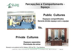 Percepções e Comportamento -
                                                  Espaço


                                                                              Public Cultures
                                                                          Espaços compartilhados
                                                                     Gerente divide espaço com a equipe


                                                                     Vs.


                  Private Cultures
                                   Espaços separados
                                   Permissão de entrar
Baseado numa palestra de Eric Nielsen, CEO da TSI – True Solutions
          © 2009 3PTA – Tekes e Associados Serv. Gerenciais Ltda.,    cursos@3pta.com.br,   (71) 3012.6611   –   Slide 49
 