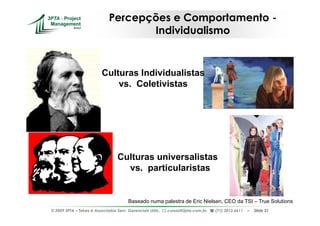 Percepções e Comportamento -
                                    Individualismo


                         Culturas Individualistas
                             vs. Coletivistas




                                 Culturas universalistas
                                   vs. particularistas


                                       Baseado numa palestra de Eric Nielsen, CEO da TSI – True Solutions
© 2009 3PTA – Tekes e Associados Serv. Gerenciais Ltda.,   cursos@3pta.com.br,   (71) 3012.6611   –   Slide 51
 