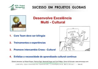 SUCESSO EM PROJETOS GLOBAIS


                                    Desenvolve Excelência
                                        Multi - Cultural


1. Core Team deve ser bilíngüe

2. Treinamentos e experiências

3. Promove intercambio Cross - Cultural

4. Enfatize a necessidade de aprendizado cultural continuo
 Global Literacies, by Robert Rosen, Patricia Digh, Marshall Singer and Carl Phillips. Simon & Schuster. www.simonsays.com
       © 2009 3PTA – Tekes e Associados Serv. Gerenciais Ltda.,   cursos@3pta.com.br,   (71) 3012.6611   –   Slide 60
 