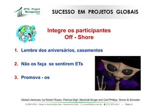 SUCESSO EM PROJETOS GLOBAIS


                           Integre os participantes
                                  Off - Shore

1. Lembre dos aniversários, casamentos


2. Não os faça se sentirem ETs


3. Promova - os



  Global Literacies, by Robert Rosen, Patricia Digh, Marshall Singer and Carl Phillips. Simon & Schuster
     © 2009 3PTA – Tekes e Associados Serv. Gerenciais Ltda.,   cursos@3pta.com.br,   (71) 3012.6611   –   Slide 61
 