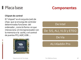 Placa base 				16Departamento de Tecnología                                                                     Fco Villafranca Gracia                         Slot 1Lugar donde se conectan los Pentium (en ranuras o slot) o mas bien para desenchufar a la competencia. Es un invento de Intel., conviertiendo una arquitectura abierta en un diseño propietario. Este diseño produce la discordia entre Intel y AMD, aunque ahora actualmente son los mismos pero cada uno gestiona su propia marca.Componentes